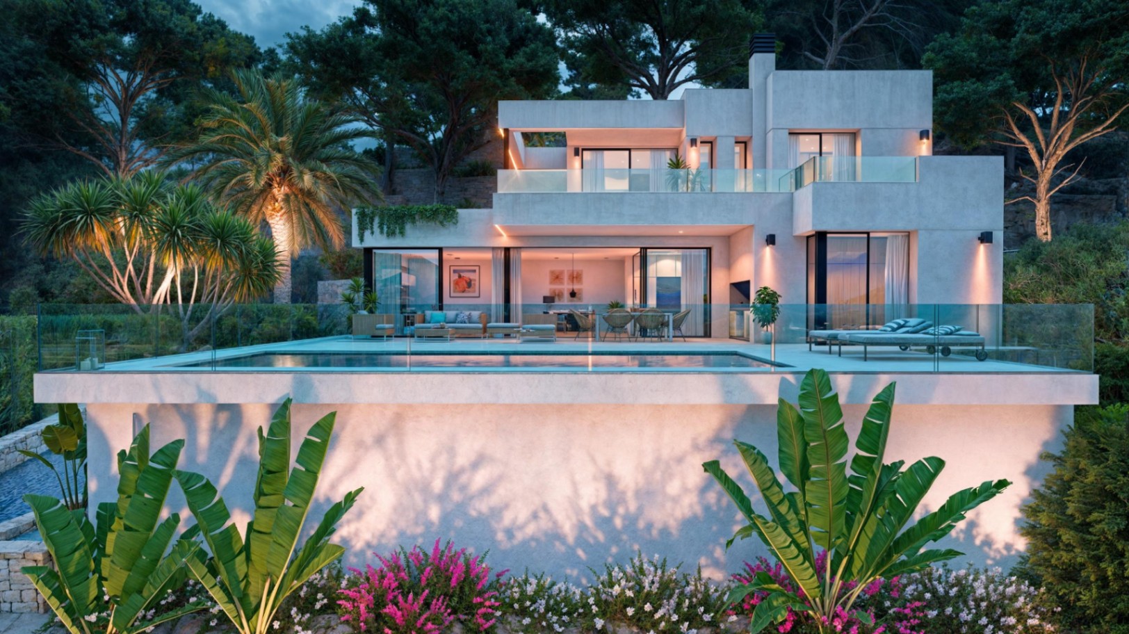 Vista exterior de la villa al atardecer, destacando la piscina de 9x4m, amplias terrazas con barandillas de cristal y una fachada de diseño contemporáneo integrada en el entorno natural.