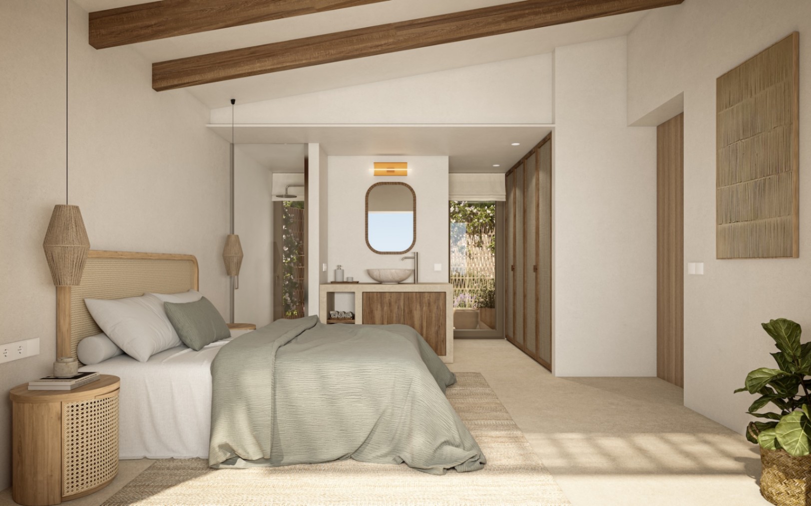 Dormitorio principal con vigas de madera vistas, zona de tocador integrada con lavabo de piedra y armarios empotrados de diseño mediterráneo.