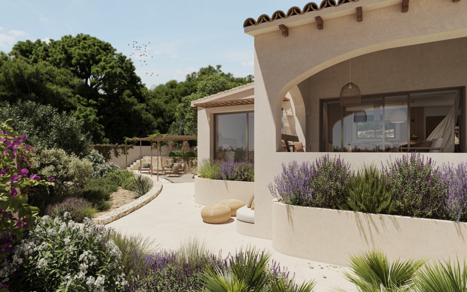 Fachada mediterránea con porche de arcos, acabados en tonos arena y jardín autóctono con lavanda, conectando con una zona de pérgola y descanso exterior.
