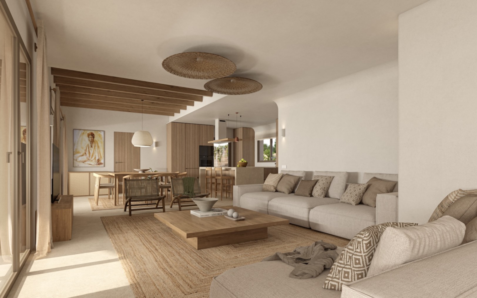 Salón-comedor de concepto abierto con vigas de madera, mobiliario en tonos neutros y cocina integrada con isla. Destacan las texturas naturales y la abundante luz natural.