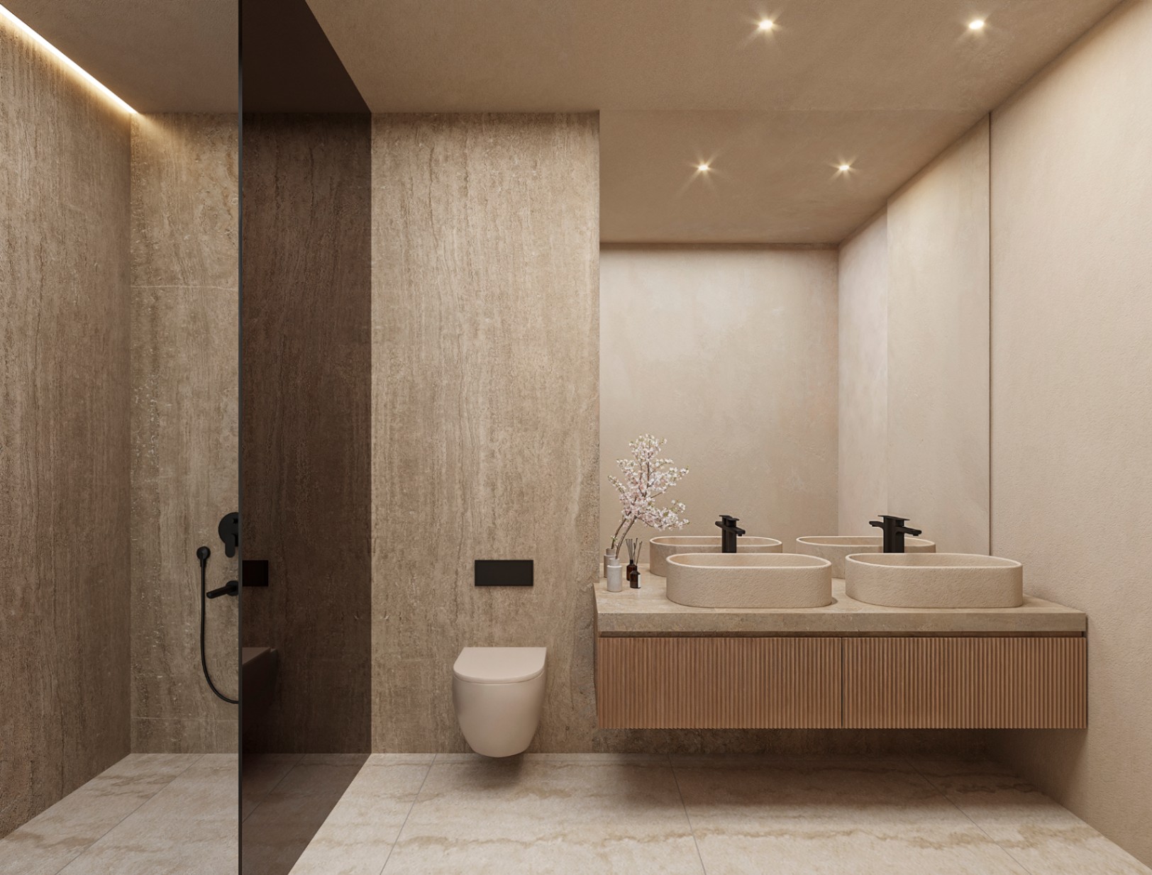 Baño de diseño con revestimiento de piedra natural, lavabos dobles sobre mueble de madera alistonada y ducha con mampara oscura e iluminación LED integrada.