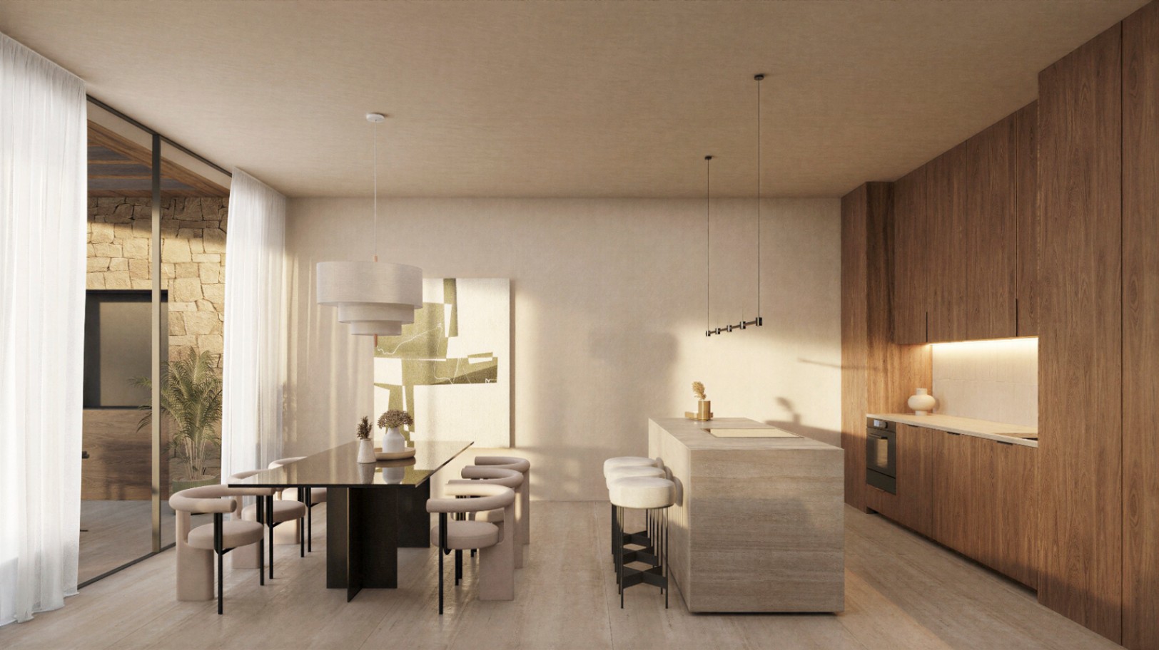 Cocina de diseño con isla de piedra natural y armarios de madera, integrada en un comedor diáfano con mobiliario contemporáneo y acceso a patio exterior.