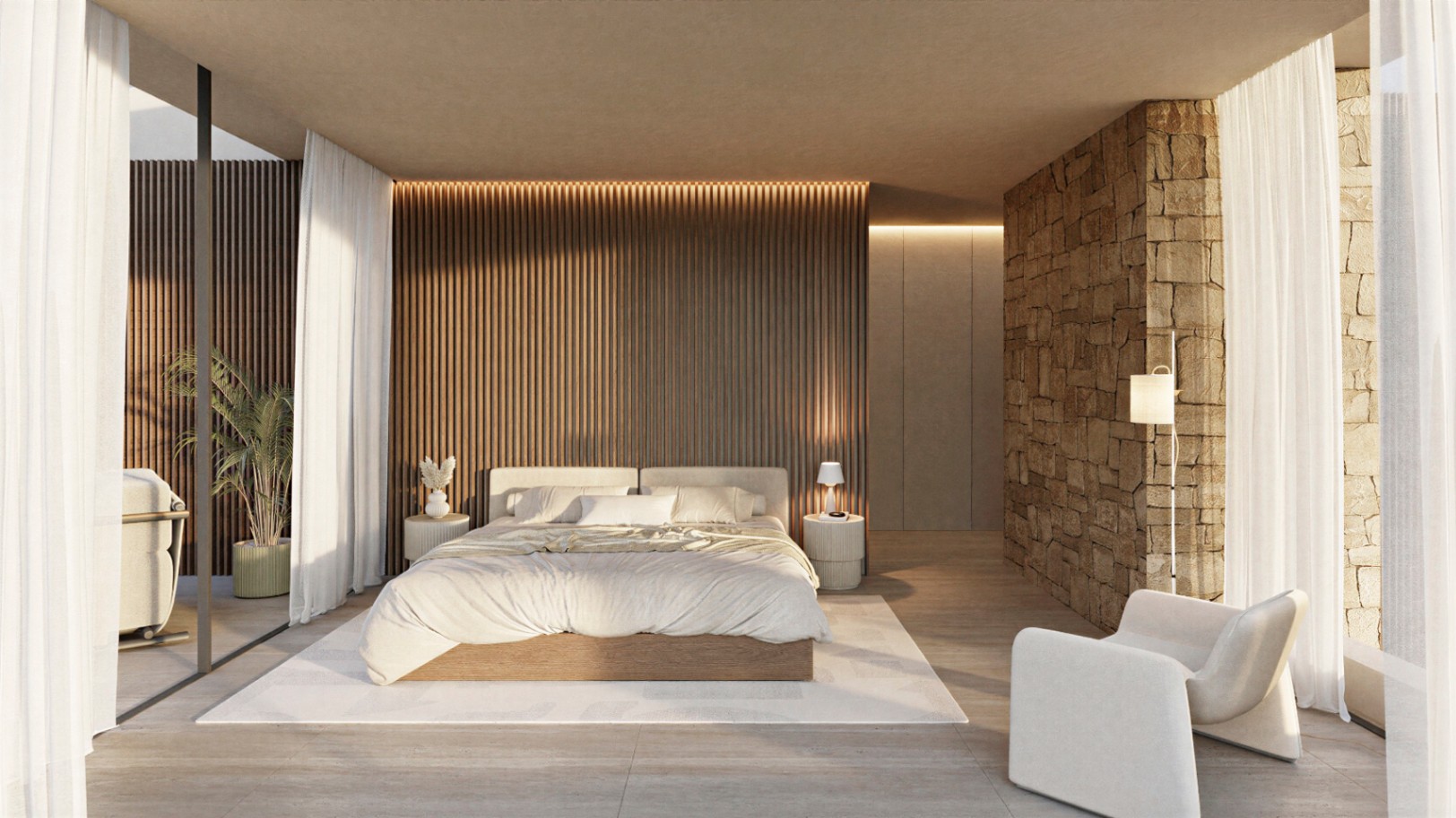 Dormitorio principal con pared de listones de madera, muro de piedra natural y ventanales de suelo a techo que integran luz natural y acceso directo a la terraza.