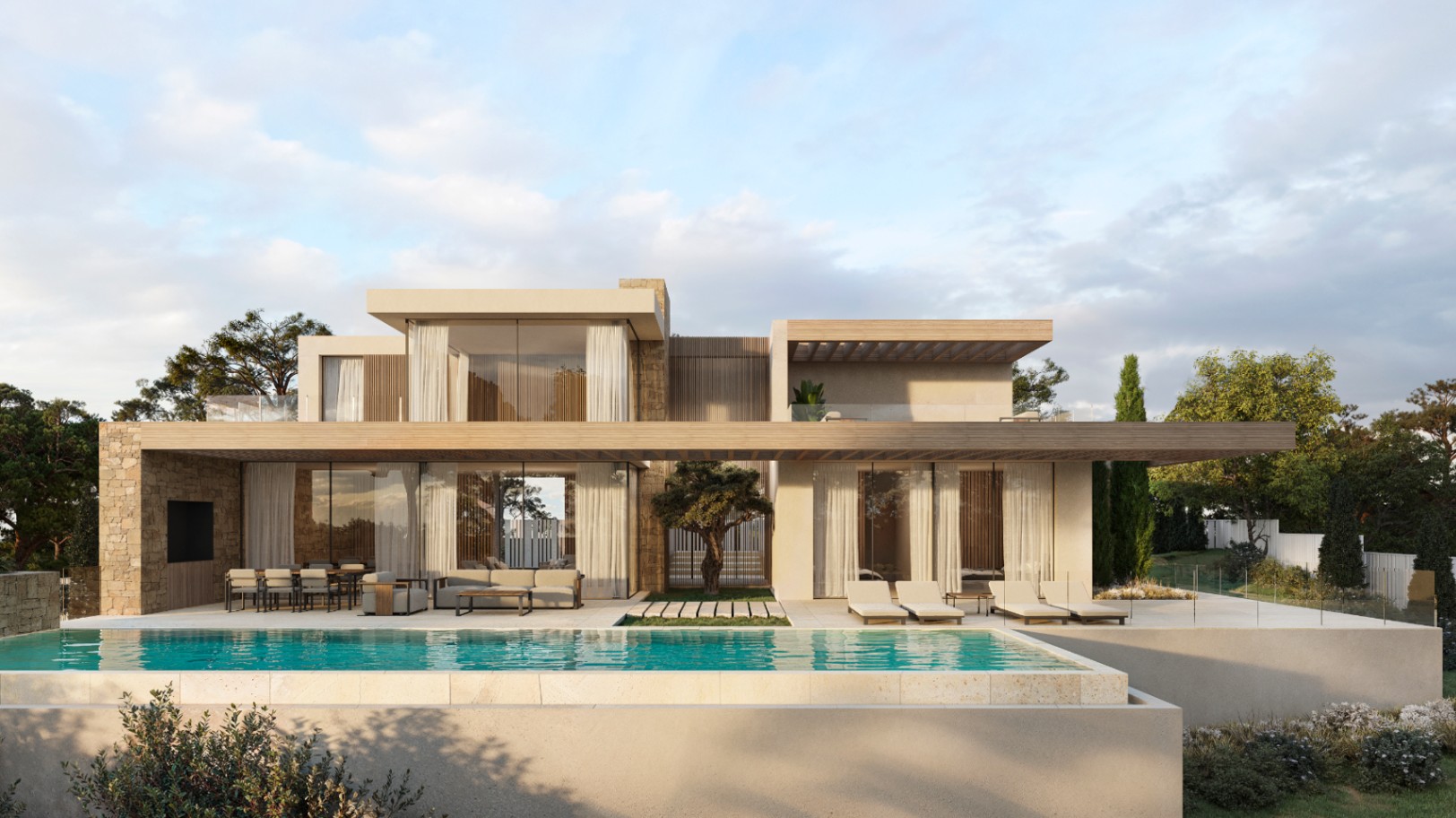 Fachada exterior de la villa con piscina infinita, amplias terrazas sombreadas por pérgolas de madera y muros de piedra natural integrados en un diseño contemporáneo.