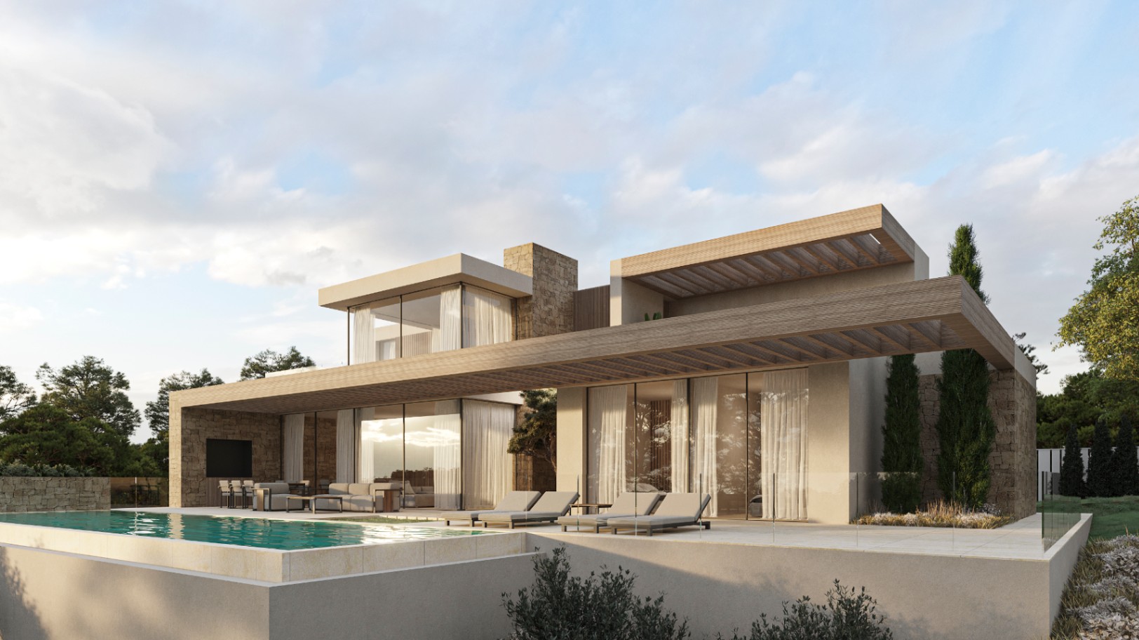 Fachada exterior de la villa con piscina infinita, amplias terrazas y pérgolas de madera. Destacan los muros de piedra natural y los grandes ventanales de suelo a techo.