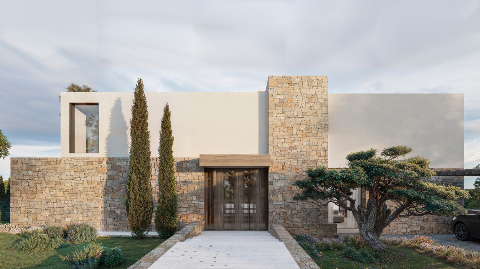 Fachada principal de diseño contemporáneo con muros de piedra natural, acceso de madera y paisajismo mediterráneo con cipreses y olivos.