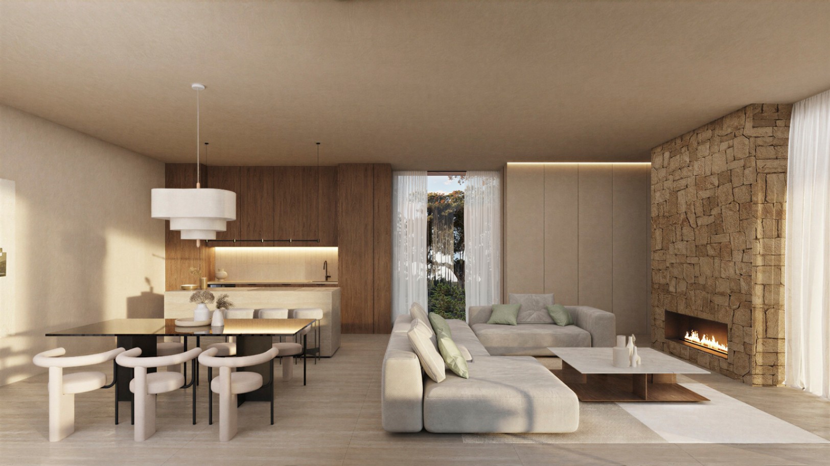 Salón-comedor diáfano con chimenea integrada en pared de piedra natural, cocina de madera con isla y mobiliario de diseño en tonos neutros.