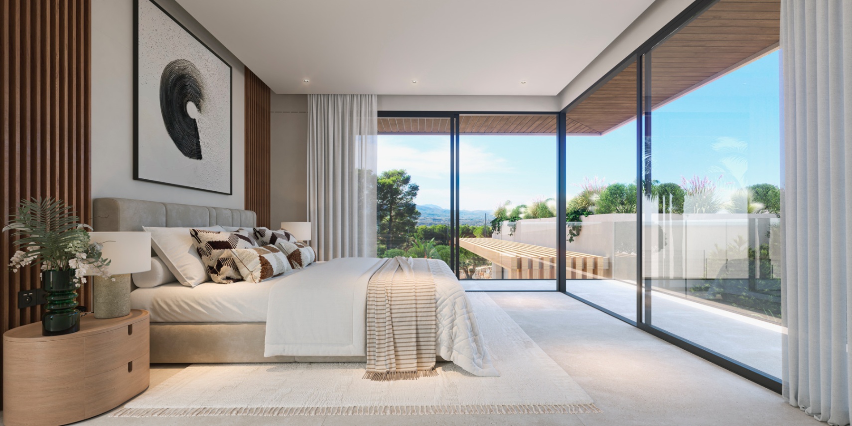 Dormitorio principal con amplios ventanales de suelo a techo, paneles decorativos de madera y acceso directo a una terraza privada con vistas al entorno natural.