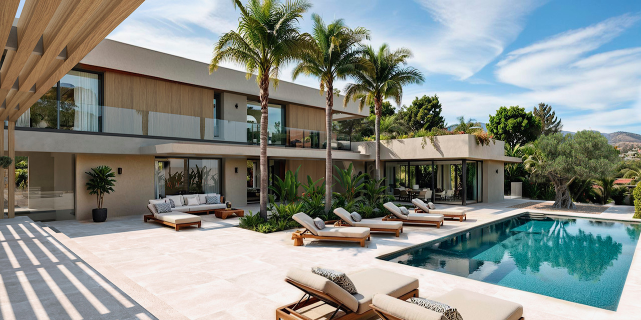 Vista exterior de la villa con piscina privada, amplia terraza de piedra y zona de solárium con tumbonas de madera, rodeada de palmeras y vegetación mediterránea.
