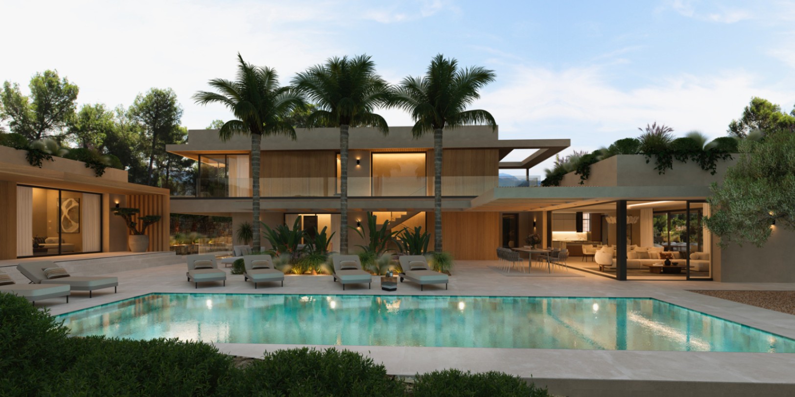Vista exterior de la villa con piscina rectangular, terraza de piedra y tres palmeras. La fachada combina paneles de madera, grandes ventanales y cubiertas planas con vegetación.