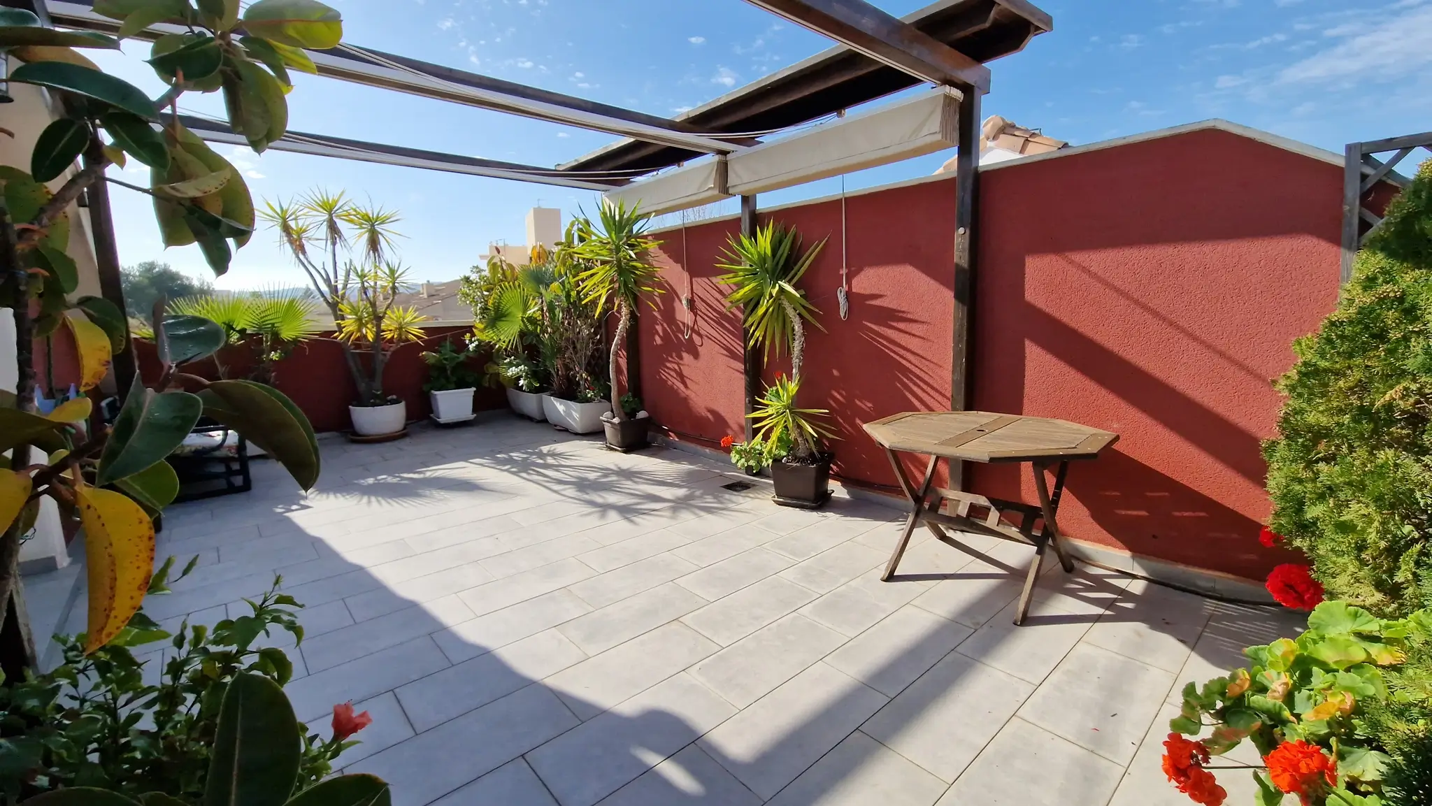 Terraza exterior con suelo cerámico, pérgola de madera con toldo retráctil y variada vegetación en macetas sobre un fondo de muro granate.