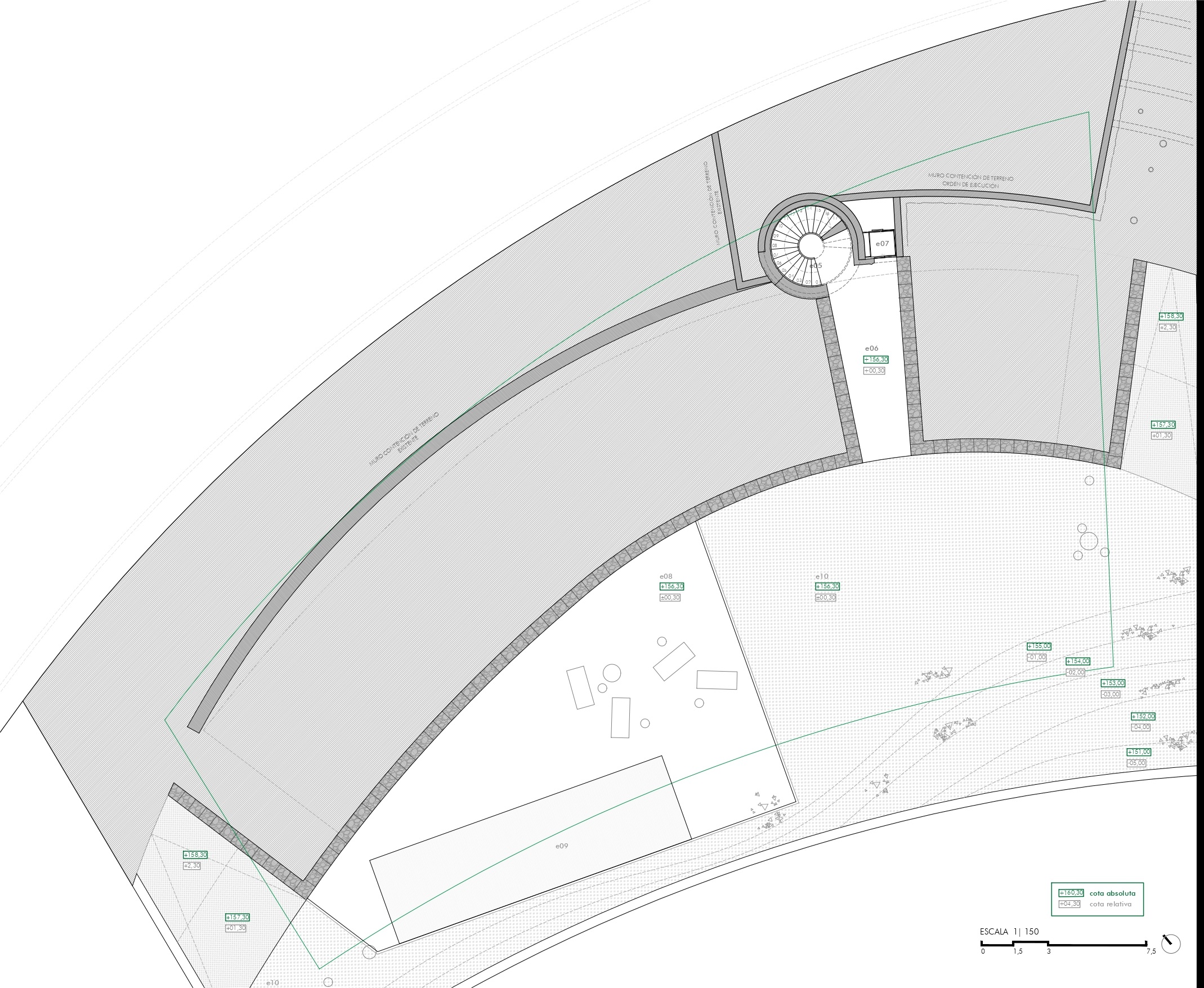 Plano arquitectónico detallado que muestra una terraza curva con piscina, mobiliario exterior y una escalera de caracol integrada en el diseño del terreno.