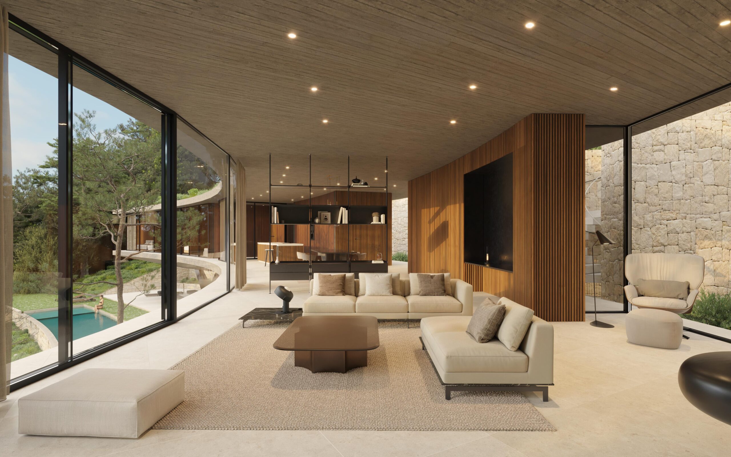 Salón moderno de planta abierta con ventanales de suelo a techo, paredes de listones de madera y techo de hormigón visto. Ofrece vistas a la terraza curva y piscina.