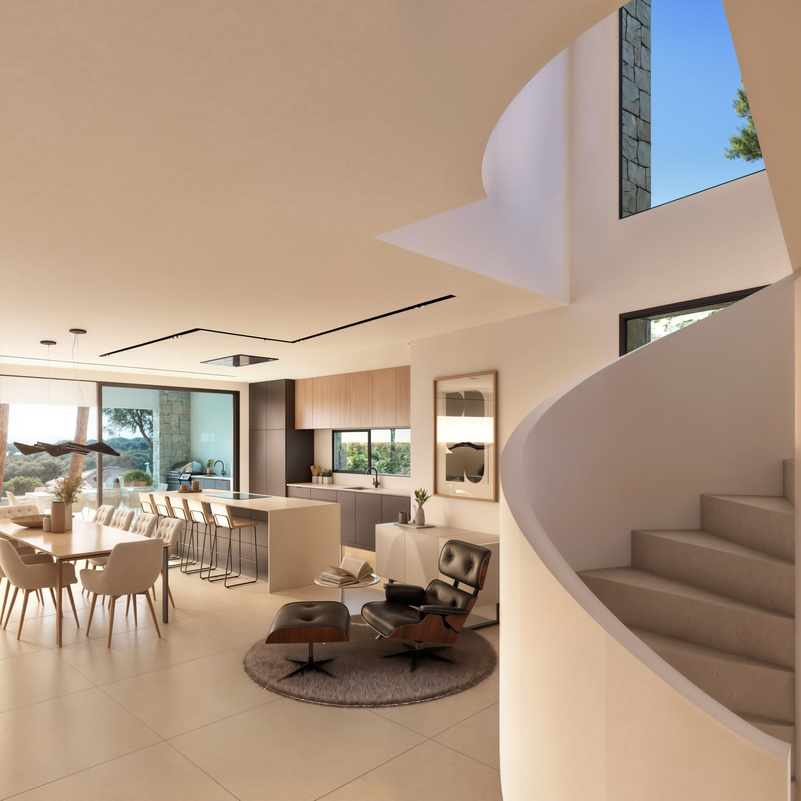 Planta abierta con cocina de diseño, isla central, comedor y una escalera de caracol escultórica con peldaños de piedra y luz natural.