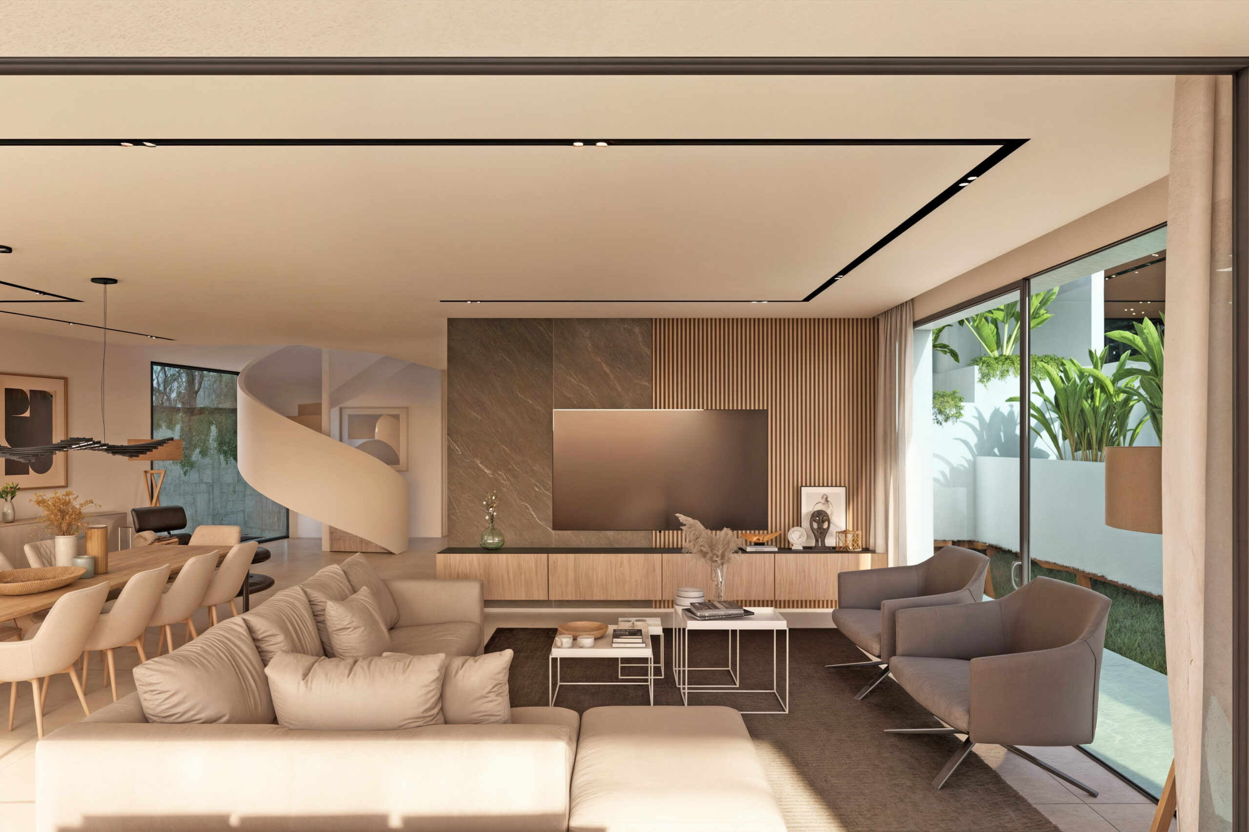 Salón de planta abierta con pared de TV en mármol y listones de madera, escalera de caracol y amplios ventanales que conectan con una terraza ajardinada.