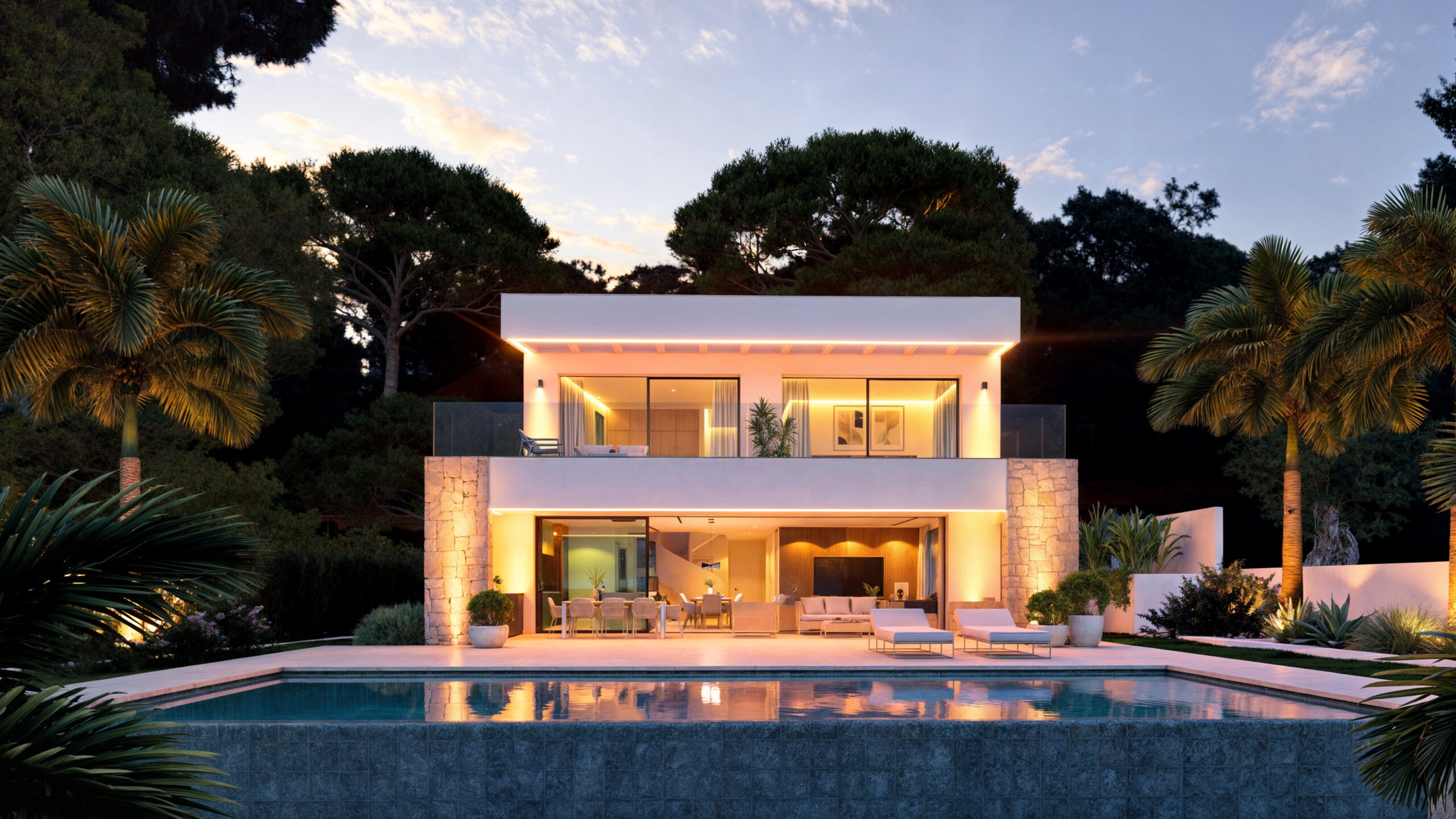 Villa moderna de dos niveles con fachada blanca y muros de piedra, piscina infinita y una terraza iluminada con luces LED integradas al atardecer.
