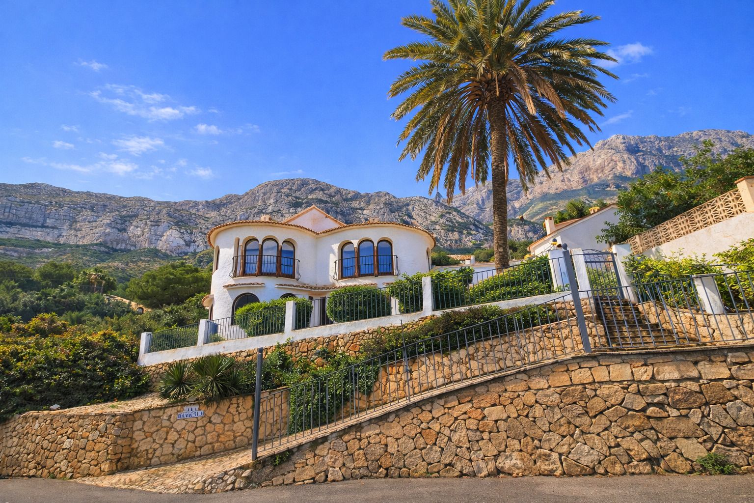 Fachada de villa mediterránea blanca con ventanales en arco y tejado de arcilla, situada sobre muros de piedra natural frente a un macizo montañoso y palmeras.