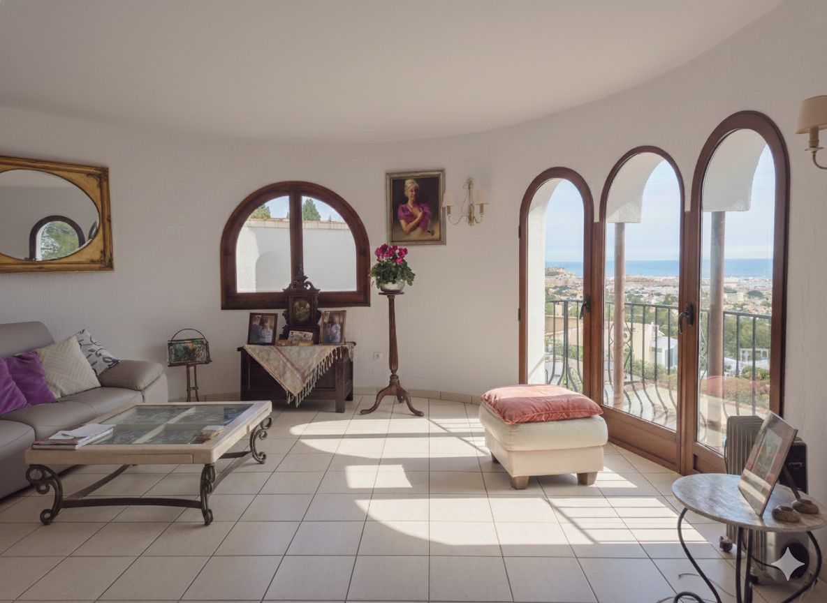 Salón luminoso con tres puertas de arco de madera, vistas panorámicas al mar y la costa, suelo cerámico y mobiliario de estilo clásico.