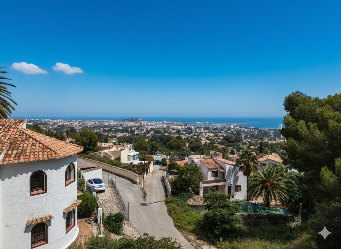 Vista panorámica elevada de una ciudad costera y el mar Mediterráneo, con villas blancas tradicionales de tejados de terracota y vegetación mediterránea.