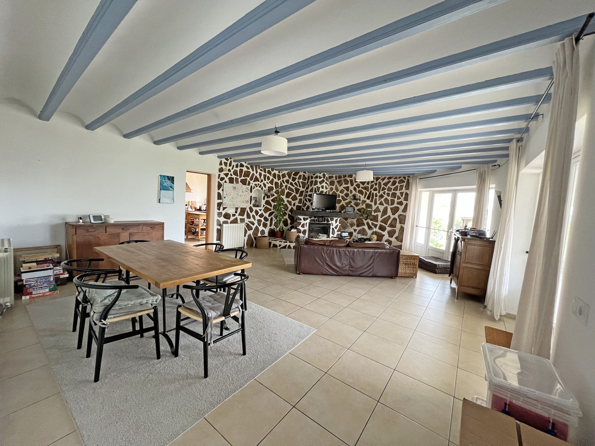Salón-comedor diáfano con vigas de madera en azul claro, una pared frontal revestida de piedra natural y suelos de gres cerámico con acceso al exterior.
