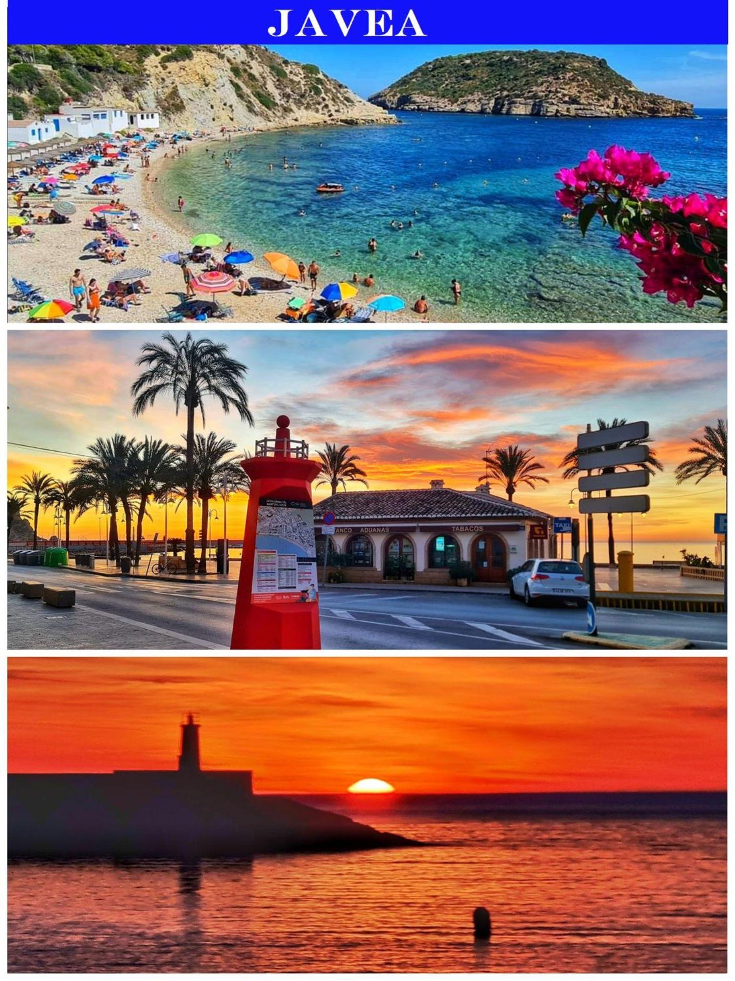 Collage de Jávea que muestra la Cala Portichol con aguas cristalinas, el ambiente del puerto al atardecer y la silueta del faro frente al mar Mediterráneo.