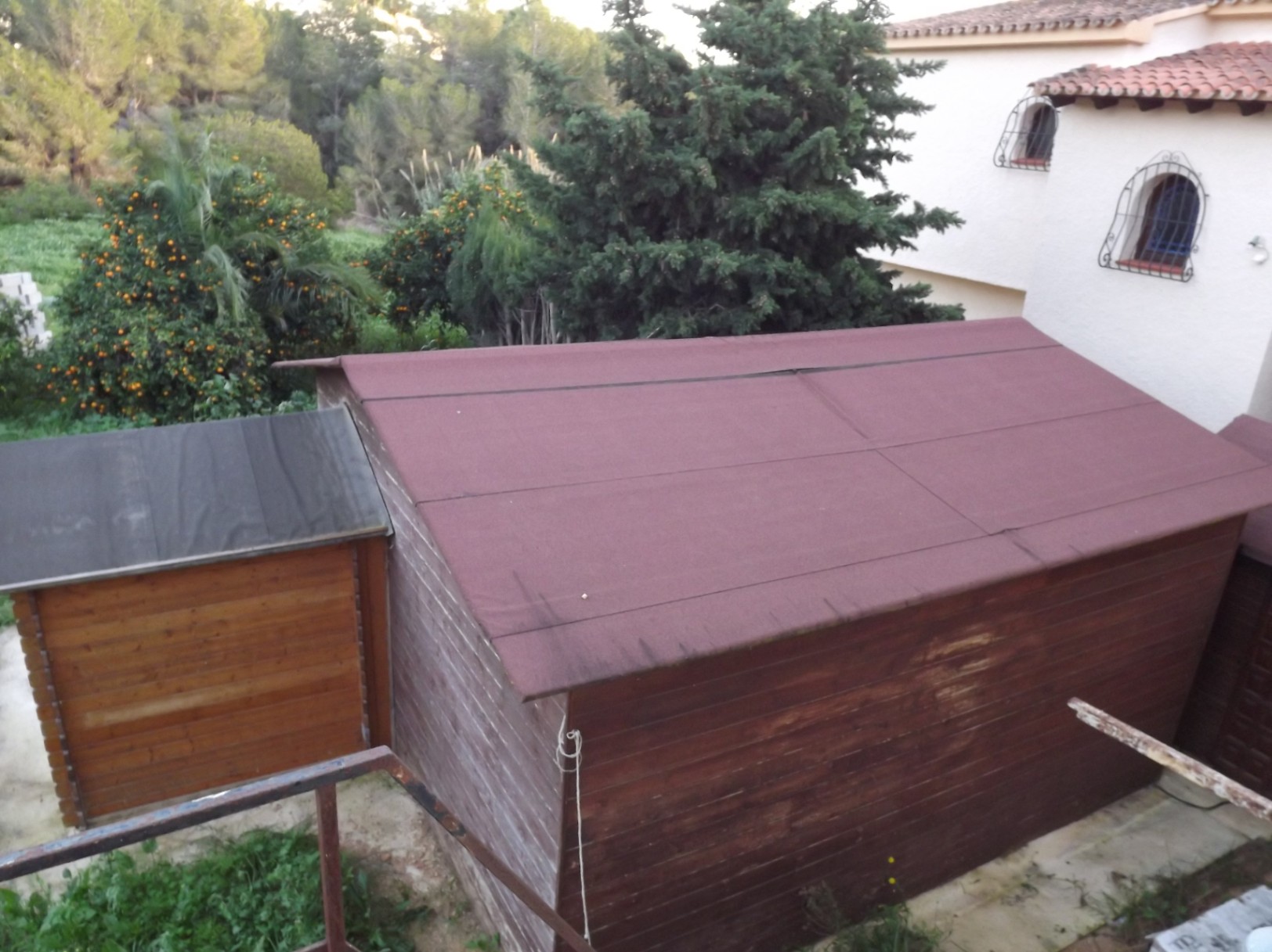 Caseta de madera para almacenamiento situada en la amplia parcela, rodeada de vegetación autóctona y árboles frutales cerca de la vivienda principal.