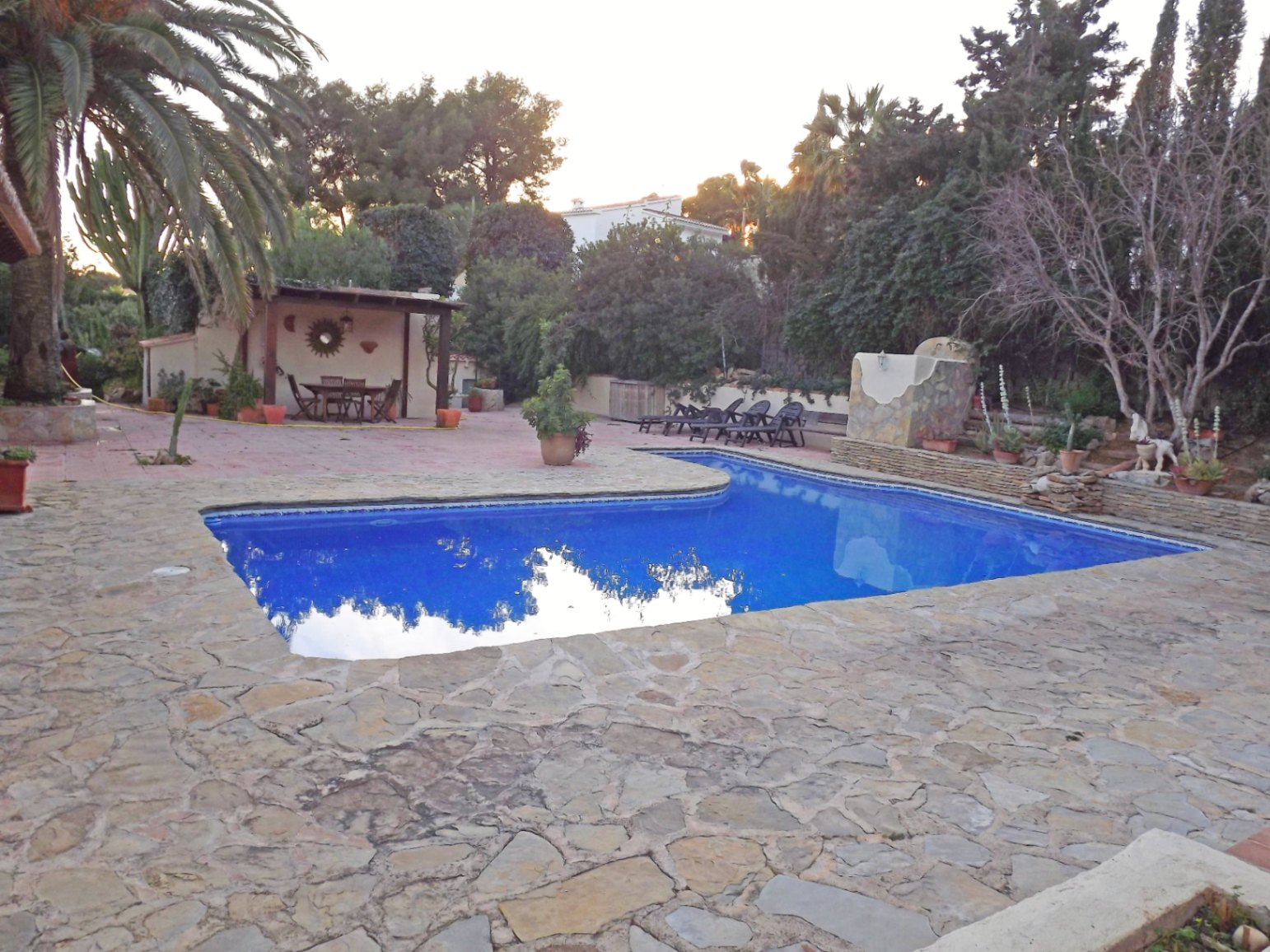 Piscina de 12x5m rodeada de una amplia terraza de piedra natural, con zona de barbacoa cubierta y vegetación mediterránea madura que garantiza privacidad.