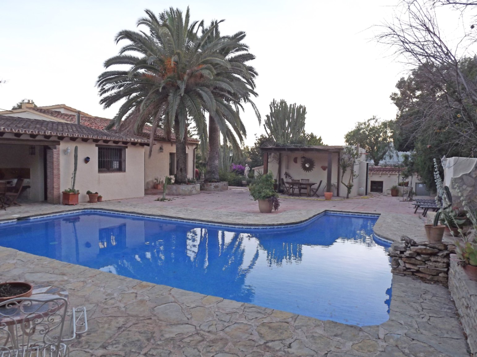 Piscina de 12x5m rodeada de una amplia terraza de piedra natural, palmeras maduras y una zona de barbacoa cubierta en una parcela de estilo mediterráneo.