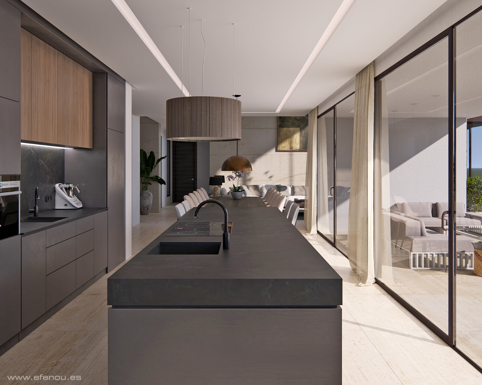 Cocina moderna de diseño abierto con isla central en gris oscuro, armarios de madera y amplios ventanales correderos que conectan con la terraza exterior.