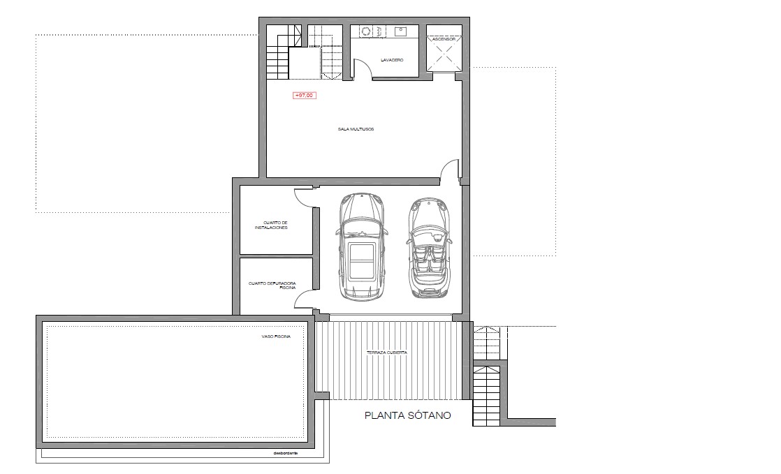 Plano detallado de la planta sótano con garaje para dos vehículos, sala multiusos, lavadero, preinstalación de ascensor y cuartos técnicos junto a la piscina.