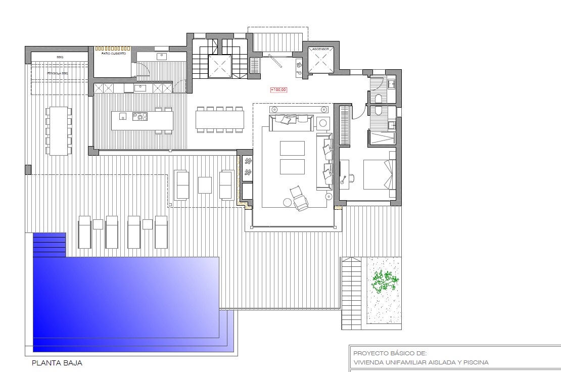 Plano técnico de la planta baja que detalla la cocina abierta, el salón-comedor, un dormitorio en suite y la amplia zona exterior con terraza y piscina.