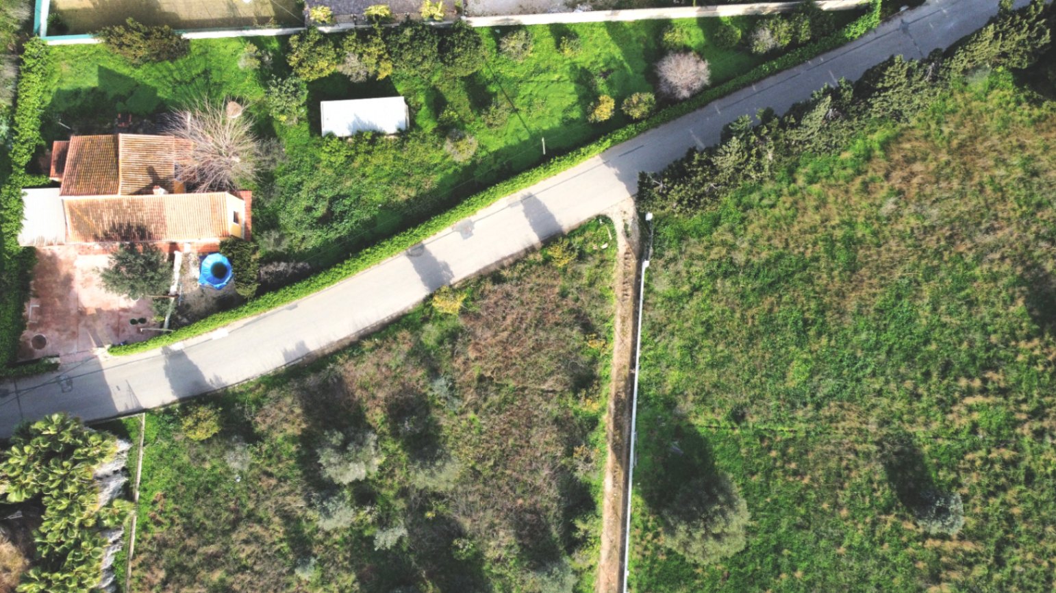Vista aérea cenital que muestra la casa independiente, su amplia parcela de 1.414 m² con árboles frutales y el entorno rural circundante.