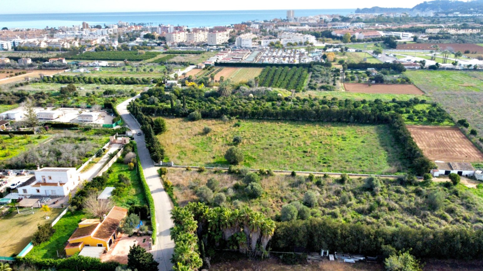Vista aérea de la amplia parcela rodeada de campos de naranjos, con el mar Mediterráneo y el núcleo urbano al fondo bajo un cielo despejado.
