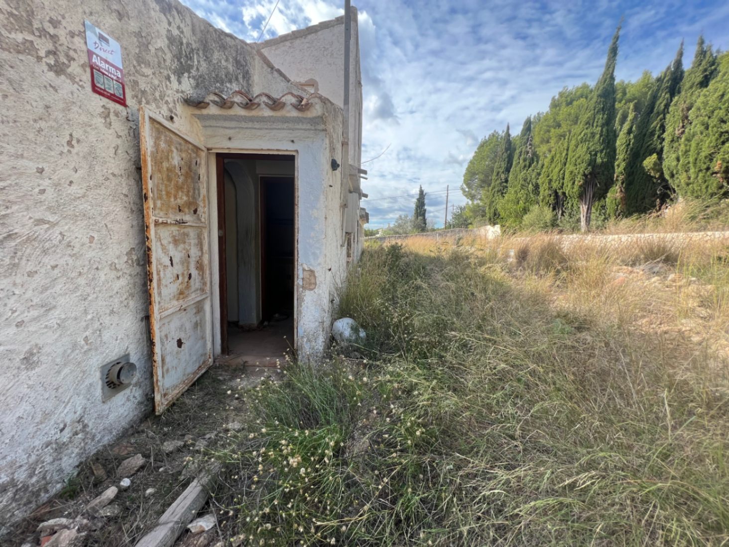 Entrada lateral de la vivienda con puerta metálica oxidada y fachada de estuco, rodeada de vegetación silvestre y cipreses al fondo.