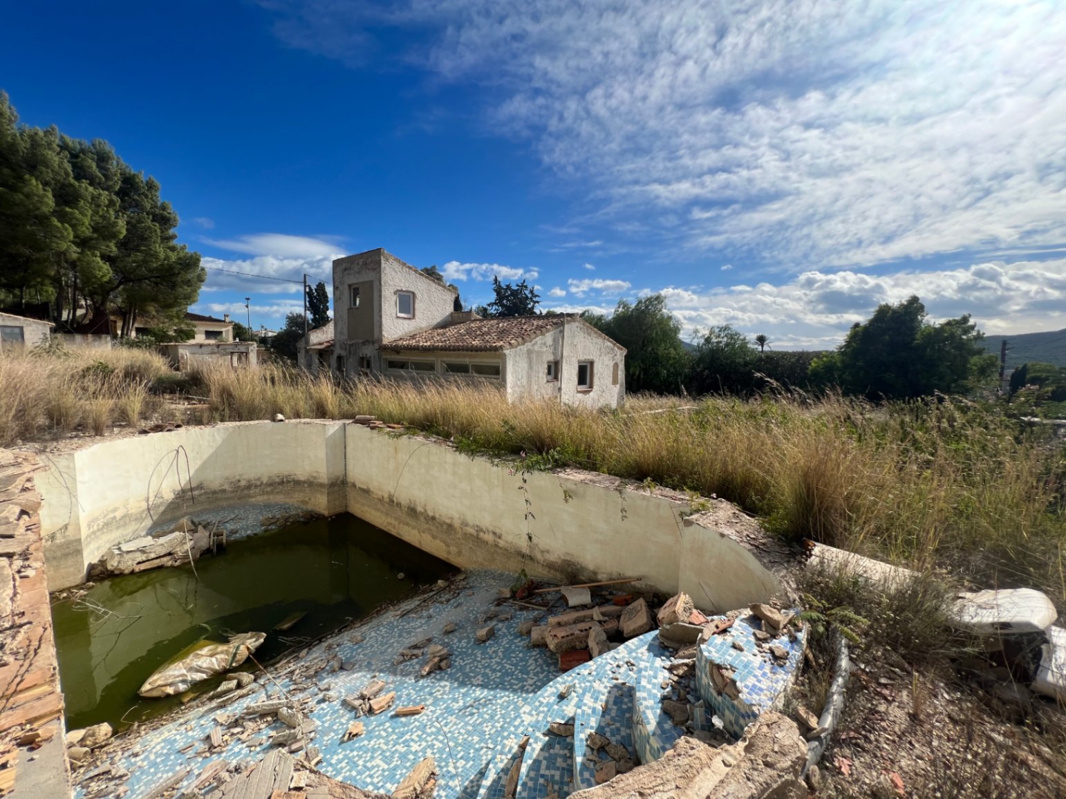 Vista exterior de la propiedad que muestra la piscina para reformar y la estructura de la vivienda rodeada de vegetación natural en una parcela de gran tamaño.