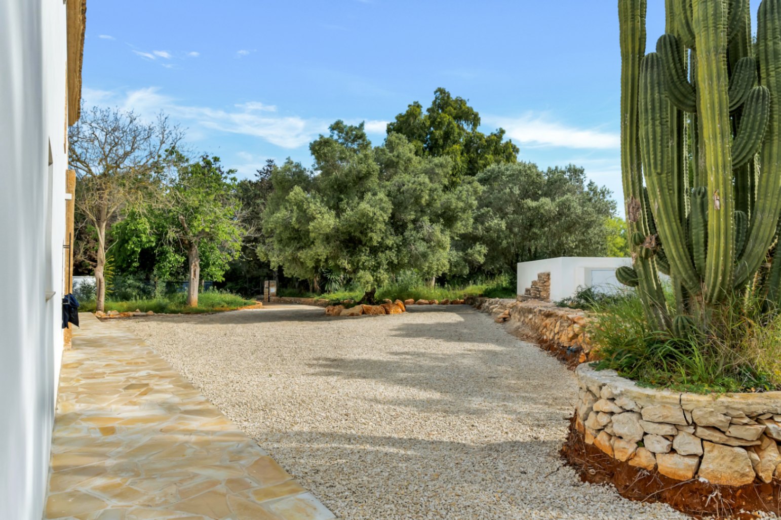Amplia zona exterior con camino de grava, muros de piedra seca y vegetación mediterránea, destacando un gran cactus y olivos bajo el cielo despejado.