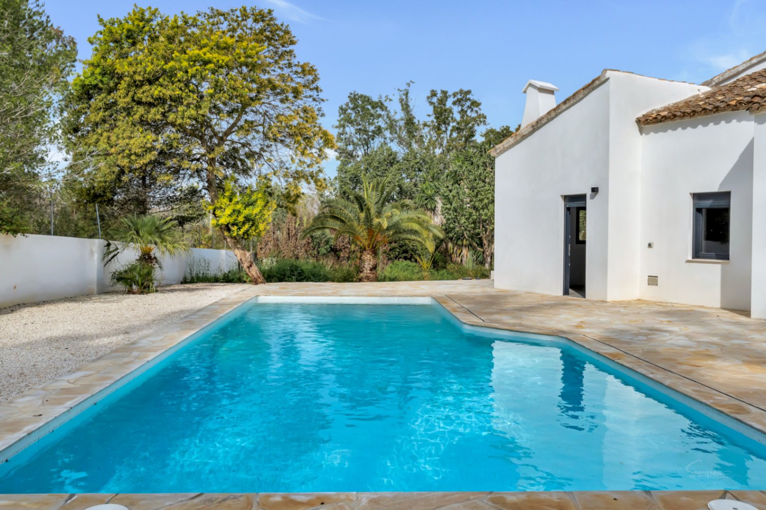 Piscina exterior rodeada de una terraza de piedra natural y muros blancos, integrada en un jardín con palmeras y árboles maduros bajo el cielo despejado de Jávea.