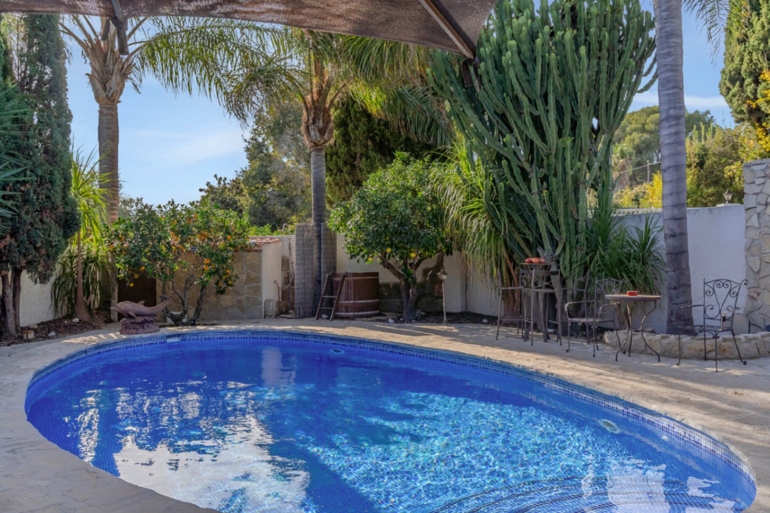 Piscina privada con gresite azul rodeada de vegetación mediterránea, incluyendo palmeras, cítricos y cactus, con zona de estar de hierro forjado sobre piedra natural.
