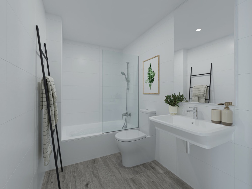 Baño moderno con azulejos blancos, suelo de efecto madera, bañera con mampara de cristal y lavabo suspendido con grifería minimalista.