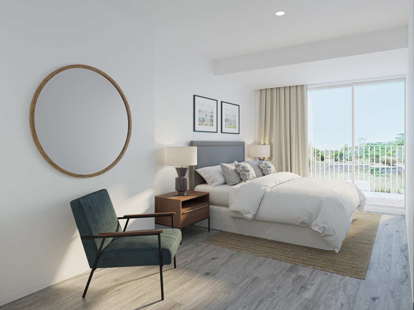 Dormitorio moderno con suelos de madera gris, un gran espejo circular y acceso directo a la terraza privada mediante amplios ventanales correderos.