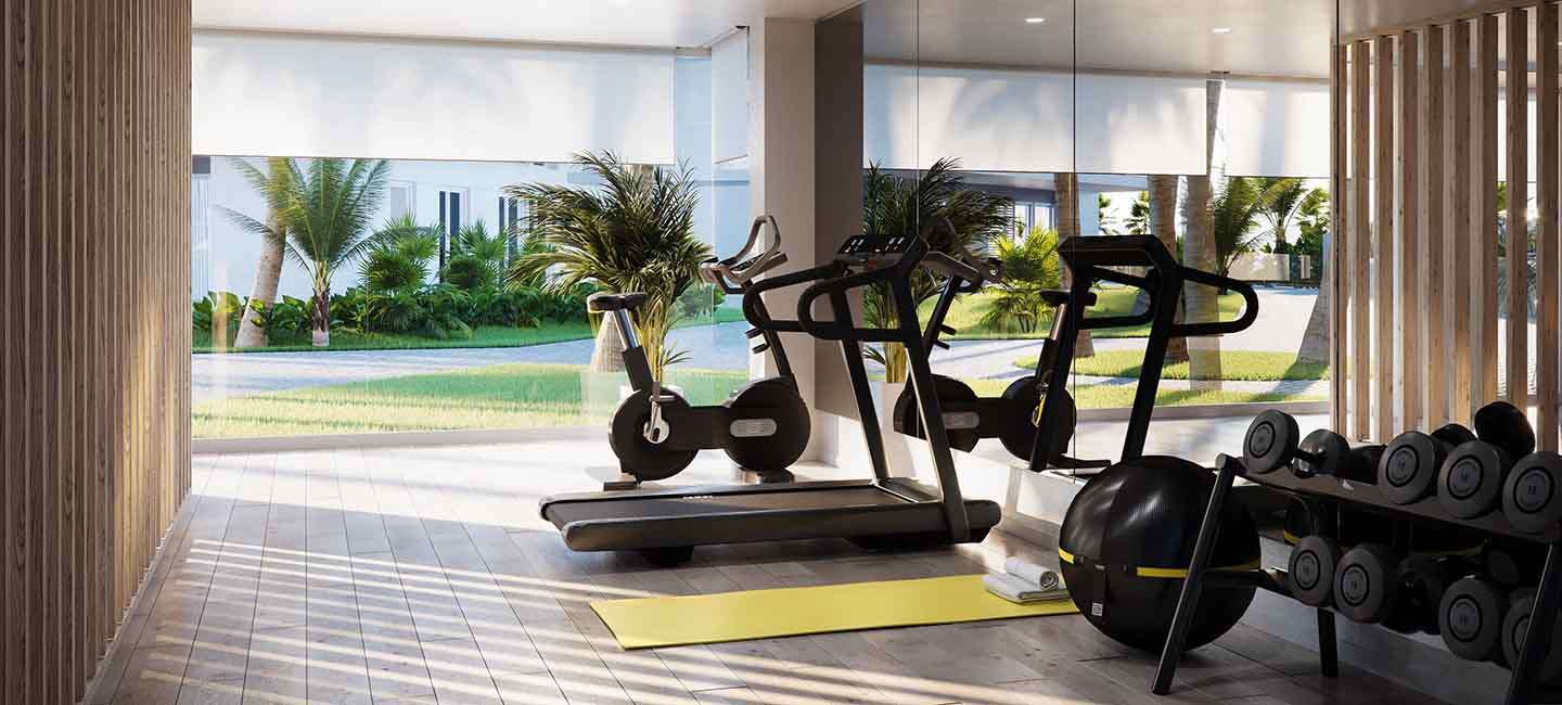 Gimnasio comunitario moderno con máquinas de cardio, pesas libres y ventanales de suelo a techo con vistas a los jardines mediterráneos.