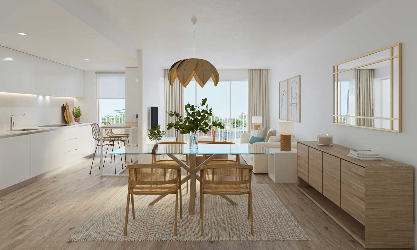 Salón-comedor diáfano con cocina blanca moderna, mesa de comedor de cristal y sillas de ratán, con suelos de madera clara y acceso a la terraza exterior.