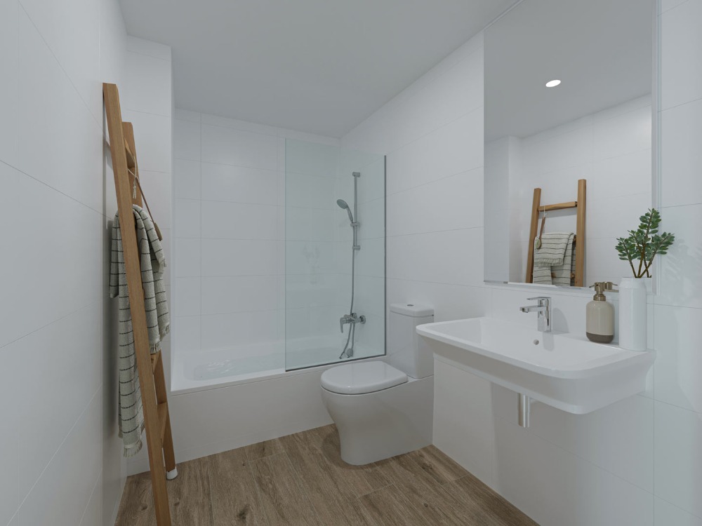 Baño moderno con paredes alicatadas en blanco, bañera con mampara de cristal, lavabo suspendido y suelo de gres porcelánico con efecto madera.
