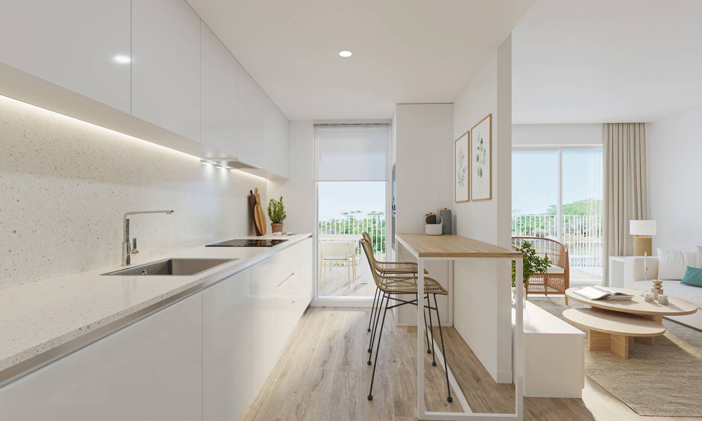 Cocina lineal moderna con armarios blancos sin tiradores, encimera de piedra con iluminación LED integrada y barra de desayuno de madera con taburetes.