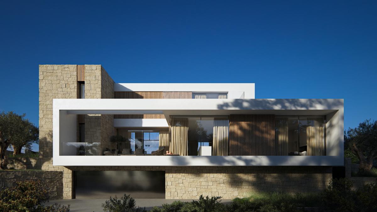 Fachada moderna con muros de piedra natural, estructuras blancas voladizas y detalles en madera. Amplios ventanales integran el interior con las terrazas exteriores.
