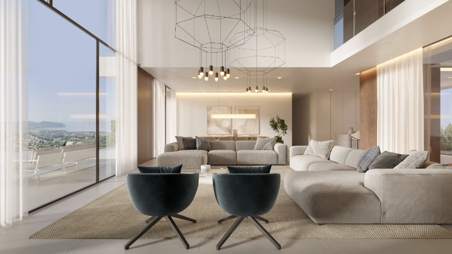 Salón de doble altura con amplios ventanales, vistas panorámicas al mar, lámparas geométricas minimalistas y una paleta de colores neutros con madera.