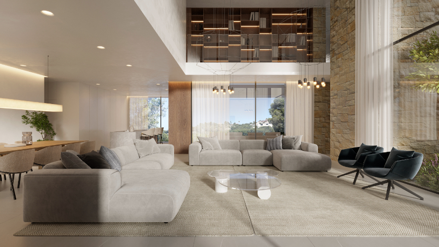 Salón de doble altura con pared de piedra natural, altillo con biblioteca retroiluminada y amplios ventanales que integran el paisaje exterior con el interior.