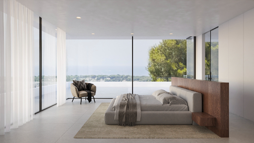 Suite principal con ventanales de suelo a techo y vistas al mar, destacando un cabecero de madera natural y diseño contemporáneo minimalista.