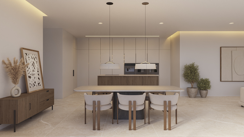 Comedor de concepto abierto con mesa de piedra, sillas de diseño y cocina minimalista integrada con iluminación indirecta y suelos de piedra natural.