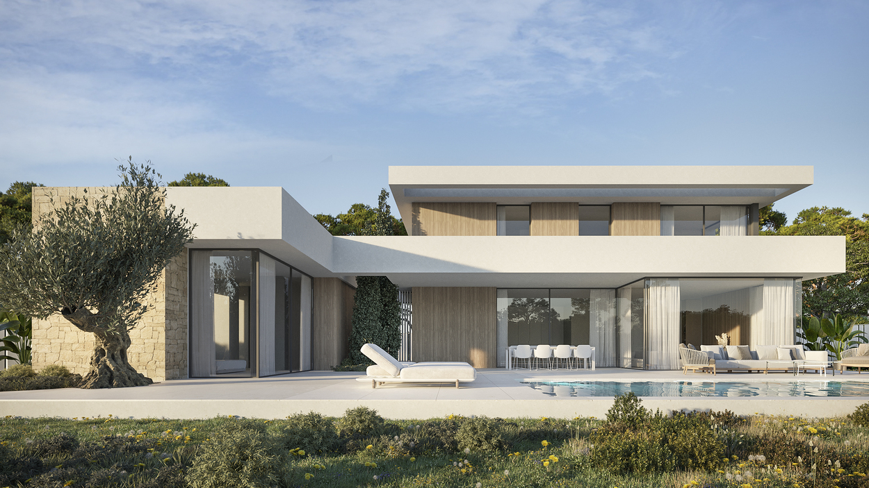 Fachada de villa moderna de dos niveles con muros de piedra natural y paneles de madera. Dispone de piscina privada, amplia terraza y jardín con un olivo centenario.